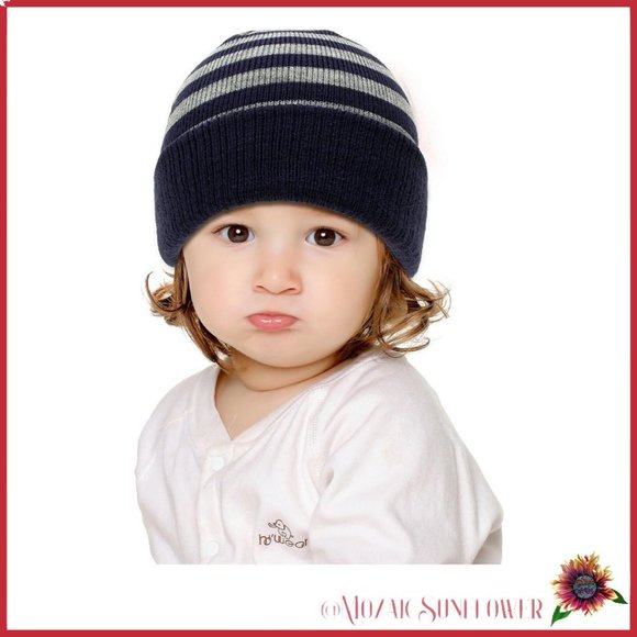 Kids Navy and Heather Grey Stripe Knit Beanie - Picture 1 of 6